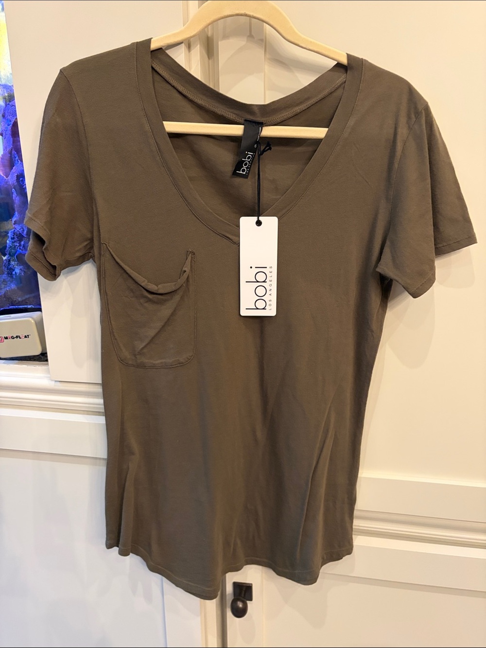 bobi Olive Green V-Neck Short Sleeve Pocket Tee
